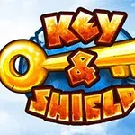 Duży złoty klucz z napisem Key & Shield na tle błękitnego nieba z chmurami