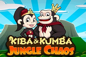 Dwie rysunkowe małpy, jedna w koronie i szaliku, druga w czapce, stojące obok siebie na tle dżungli z napisem Kiba & Kumba Jungle Chaos