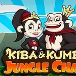 Dwie rysunkowe małpy, jedna w koronie i szaliku, druga w czapce, stojące obok siebie na tle dżungli z napisem Kiba & Kumba Jungle Chaos