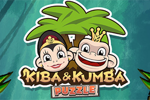 Dwie uśmiechnięte postacie małp z koronami na głowach przed palmą, z napisem Kiba & Kumba Puzzle na dole