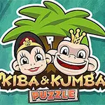 Dwie uśmiechnięte postacie małp z koronami na głowach przed palmą, z napisem Kiba & Kumba Puzzle na dole