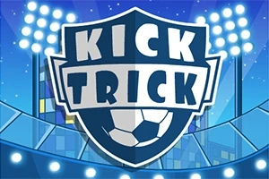 Herb z napisem Kick Trick na niebieskim tle z piłką nożną i reflektorami stadionowymi w tle