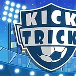 Herb z napisem Kick Trick na niebieskim tle z piłką nożną i reflektorami stadionowymi w tle