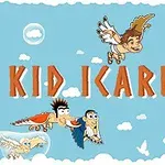 Dziecko z skrzydłami leci na niebieskim tle z balonem i kolumnami w chmurach, obok napis Kid Icarus