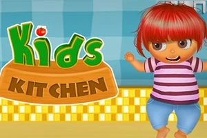 Postać z czerwonymi włosami w paskowanej koszulce na tle napisu Kids Kitchen na kolorowej planszy