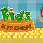 Postać z czerwonymi włosami w paskowanej koszulce na tle napisu Kids Kitchen na kolorowej planszy