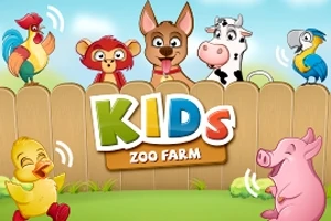 Zabawne zwierzęta stojące przy płocie z kolorowym napisem KIDS i małą tabliczką ZOO FARM na zielonej trawie