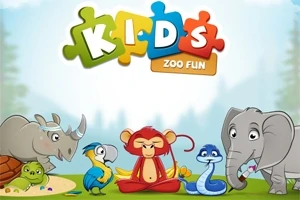 Animowane zwierzęta, takie jak nosorożec, papuga, małpa, wąż i słoń, siedzą razem na tle pastelowych kolorów z napisem Kids Zoo Fun u góry
