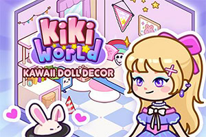 Kreskówkowa blondynka w fioletowej sukience w pastelowym pokoju z dekoracjami kawaii i białym króliczkiem