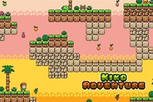 Pikselowy krajobraz z platformami z cegieł, roślinnością, postacią i owocami zawieszonymi w powietrzu, z napisem Kiko Adventure na dole