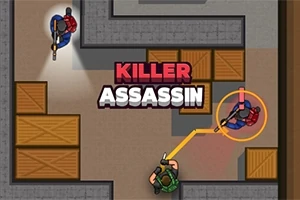 Widok z góry na planszę z drewnianymi skrzyniami i postaciami w ruchu, z centralnym napisem Killer Assassin