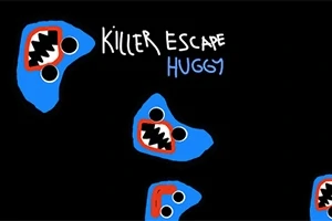 Niebieskie postacie z szeroko otwartymi ustami i oczami na czarnym tle z tekstem Killer Escape Huggy