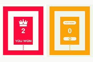 Czerwona karta z koroną i napisem YOU WON oraz numerem 2 obok żółtej karty z wynikiem 0 i przyciskiem PLAY AGAIN