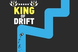 Niebieska kręta droga z samochodem driftującym na czarnym tle, z napisem King of Drift u góry