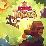 Postać w masce biegnie w stronę skrzyni z klejnotami, otoczona kolorowymi elementami i zielonym tłem z napisem King of Thieves u góry