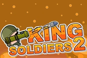 Żołnierz w hełmie celujący z wyrzutni rakiet obok napisu King Soldiers 2 na pomarańczowym tle z oznakami eksplozji