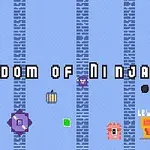 Niebieskie tło z pionowymi niebieskimi pasami, napis „Kingdom of Ninja 3”, kolorowe pikselowe postacie, drzwi i przycisk „Level Up”