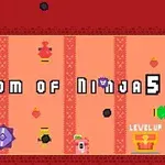 Pikselowa scena w stylu retro z różnymi postaciami i obiektami na pomarańczowym tle, z tytułem Kingdom of Ninja 5 pośrodku