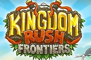 Kingdom Rush Frontiers Napis „Kingdom Rush Frontiers” na tle błękitnego nieba z chmurami, otoczony ornamentami roślinnymi i toporami