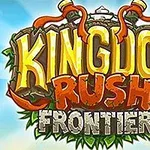 Kingdom Rush Frontiers Napis „Kingdom Rush Frontiers” na tle błękitnego nieba z chmurami, otoczony ornamentami roślinnymi i toporami