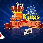Ilustracja z królem w koronie, tekstem Kings Klondike, kartą dworu i latającymi kartami z kolorami
