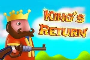 Król w żółtej koronie trzymający strzelbę na kolorowym tle z napisem Kings Return