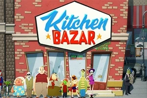 Grupa kolorowych postaci stoi przed budynkiem z szyldem Kitchen Bazar
