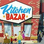 Grupa kolorowych postaci stoi przed budynkiem z szyldem Kitchen Bazar
