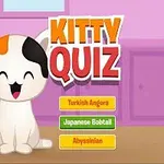 Rysunek przedstawia rysunkowego kota z pomarańczowo-czarnymi plamkami, uśmiechającego się, obok napis Kitty Quiz i trzy kolorowe przyciski z nazwami ras kotów