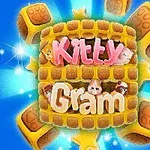 Kolorowy napis Kitty Gram otoczony błyszczącymi kostkami z wzorem i małymi postaciami kotów na niebieskim tle