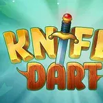 Napis KNIFE DART na tle w kolorze niebieskim z grafiką miecza oraz liśćmi zdobiącymi litery