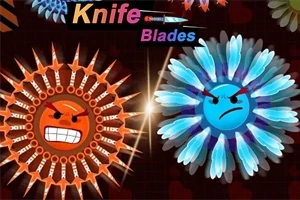 Dwa okrągłe, rysunkowe stwory z gniewnymi twarzami, otoczone ostrzami, na ciemnym tle z kolorowym napisem Knife Blades