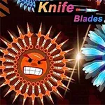 Dwa okrągłe, rysunkowe stwory z gniewnymi twarzami, otoczone ostrzami, na ciemnym tle z kolorowym napisem Knife Blades