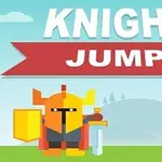 Ilustracja przedstawia pikselowego rycerza w pomarańczowej zbroi z mieczem i tarczą na tle pagórkowatego krajobrazu, z napisem KNIGHT JUMP