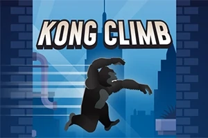 Goryl wspinający się na tle sylwetki miasta z napisem Kong Climb
