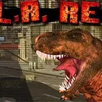 Tyranozaur z otwartą paszczą na tle miasta z napisem L