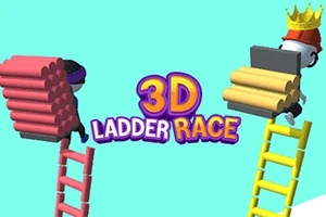 Dwie postacie wspinają się po kolorowych drabinach trzymając belki, z napisem 3D Ladder Race na środku