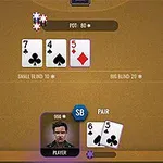 Na stole do gry pojawiły się karty 7♣, 4♠, 5♦, a gracz ma karty 6♠ i 5♣ z oznaczeniem PAIR