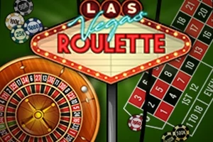 Zielony stół do ruletki z żetonami, kołem ruletki i znakiem Las Vegas Roulette
