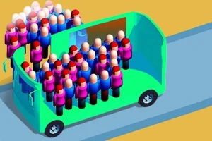 Kolorowy, izometryczny rysunek przedstawiający zielony autobus z dużą liczbą uproszczonych postaci wewnątrz i na zewnątrz pojazdu