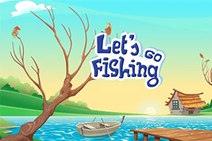 Ilustracja przedstawia spokojny krajobraz z rzeką, łódką przy pomoście, domem na brzegu oraz napisem Lets Go Fishing