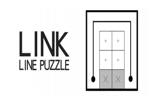 Napis LINK LINE PUZZLE obok ilustracji z dwoma kwadratami z plusami i dwoma z iksami otoczonymi linią z punktami na końcach