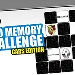 Napis „Logo Memory Challenge Cars Edition” otoczony logotypami różnych marek samochodowych, takich jak Porsche, Renault, i BMW, z układem przypominającym planszę do gry