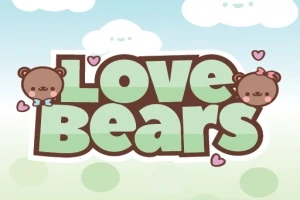 Napis Love Bears otoczony uroczymi rysunkami misiów i serduszkami na tle chmur i błękitnego nieba