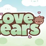 Napis Love Bears otoczony uroczymi rysunkami misiów i serduszkami na tle chmur i błękitnego nieba