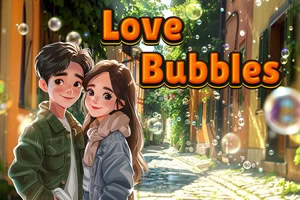 Młoda para stojąca w nasłonecznionej, zielonej uliczce pełnej unoszących się baniek mydlanych, z napisem „Love Bubbles
