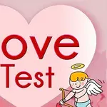Duże białe serce z napisem Love Test na różowym tle z rysunkiem aniołka z łukiem i strzałą w prawym dolnym rogu