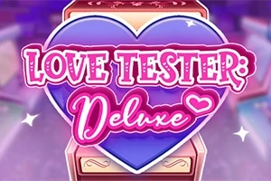 Fioletowo-różowe serce z napisem Love Tester: Deluxe na tle automatu do gry