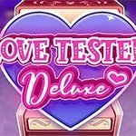 Fioletowo-różowe serce z napisem Love Tester: Deluxe na tle automatu do gry