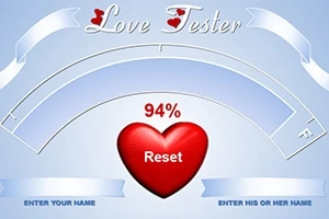 Czerwone serce z napisem Reset na jasnoniebieskim tle, z wskaźnikiem miłości na poziomie 94% oraz miejscami do wpisania imion po obu stronach